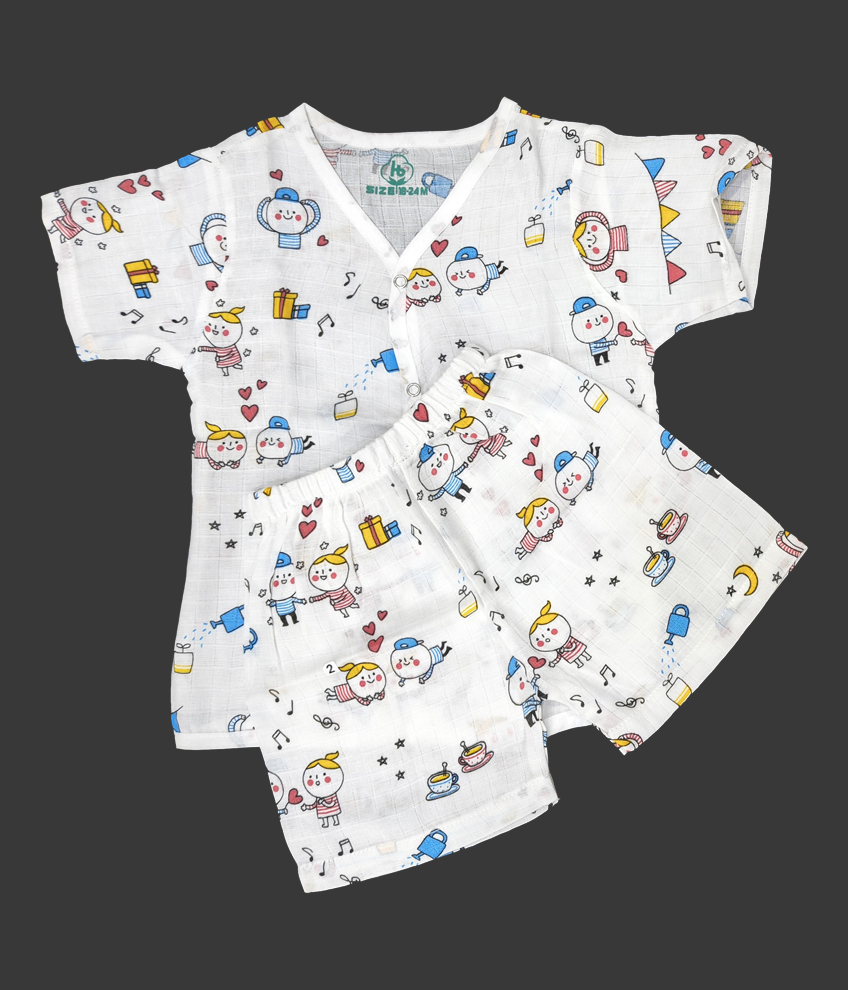 H118-MUSLIN SET HALF SLEEVE (WHITE PRINT)