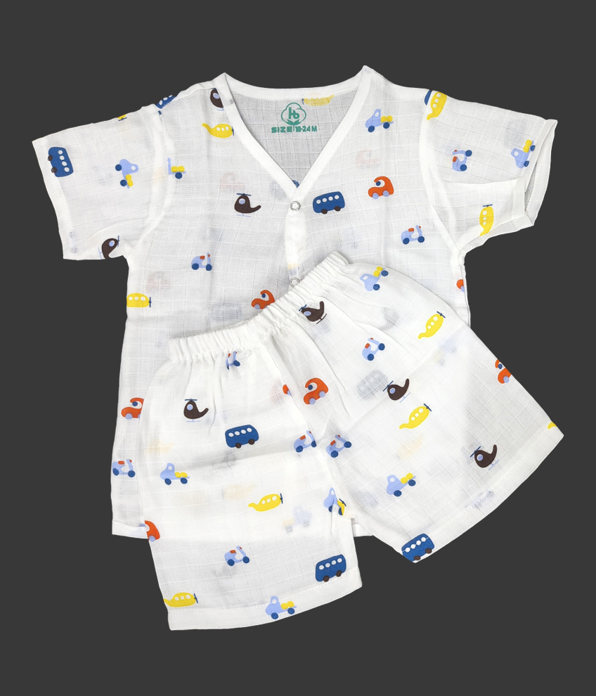 H118-MUSLIN SET HALF SLEEVE (WHITE PRINT)