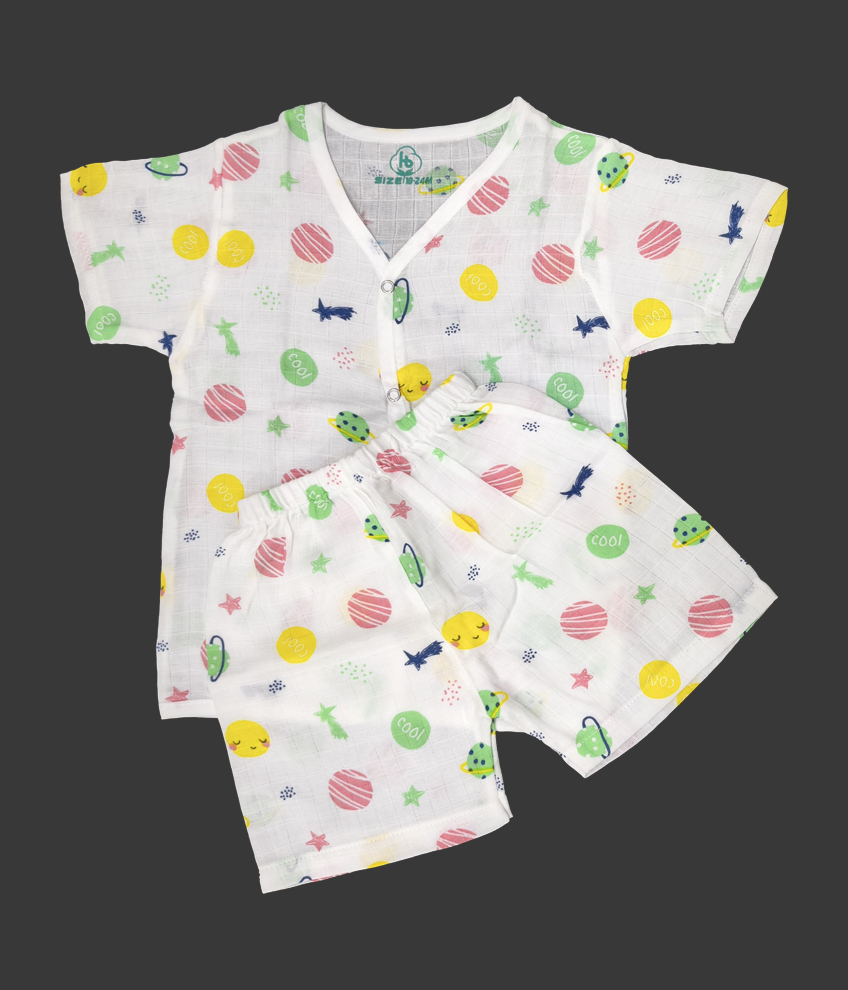 H118-MUSLIN SET HALF SLEEVE (WHITE PRINT)