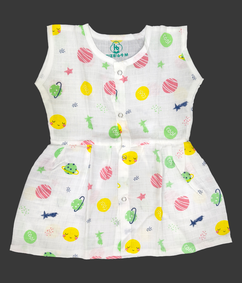 H120- MUSLIN SLEEVELESS FROCK (WHITE PRINT)