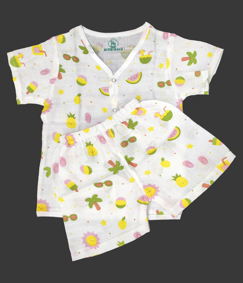 H118-MUSLIN SET HALF SLEEVE (WHITE PRINT)
