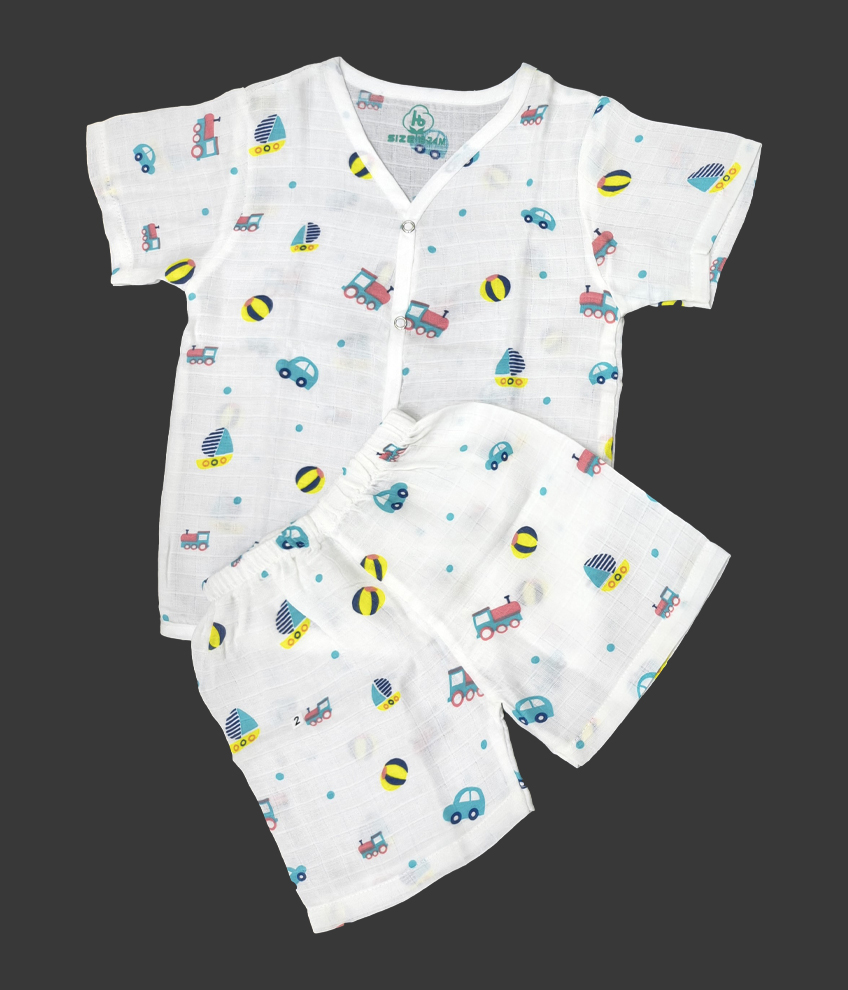 H118-MUSLIN SET HALF SLEEVE (WHITE PRINT)